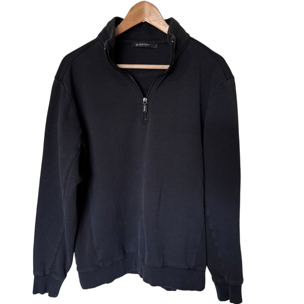 Bugatchi Quarter Zip Pullover Men Large Black Good Textured Panels Sweatshirt